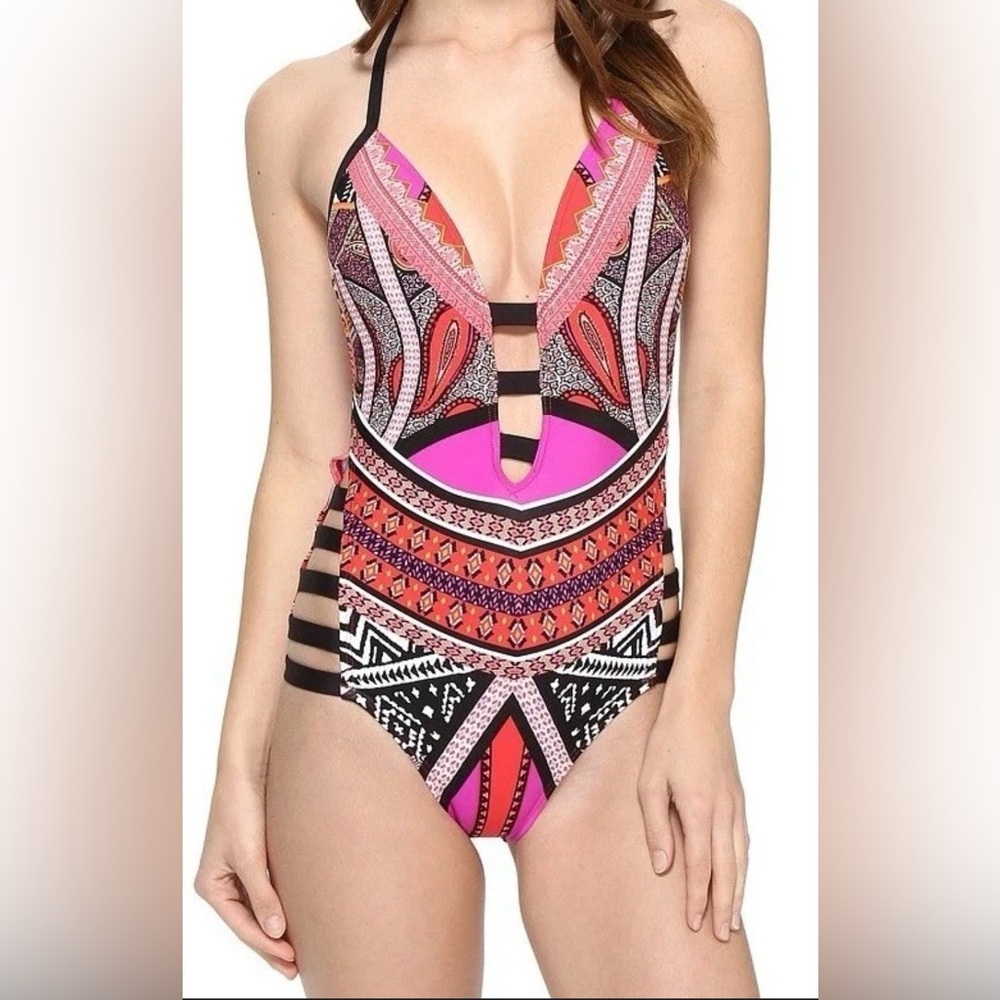Kenneth Cole New York One Piece Swimsuit Bright Aztec Print Cutouts Halter L EUC